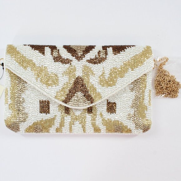 FREE EARRINGS - KAYLEE Patterned Beaded Envelope Clutch Crossbody Bag NWT White - Picture 5 of 6